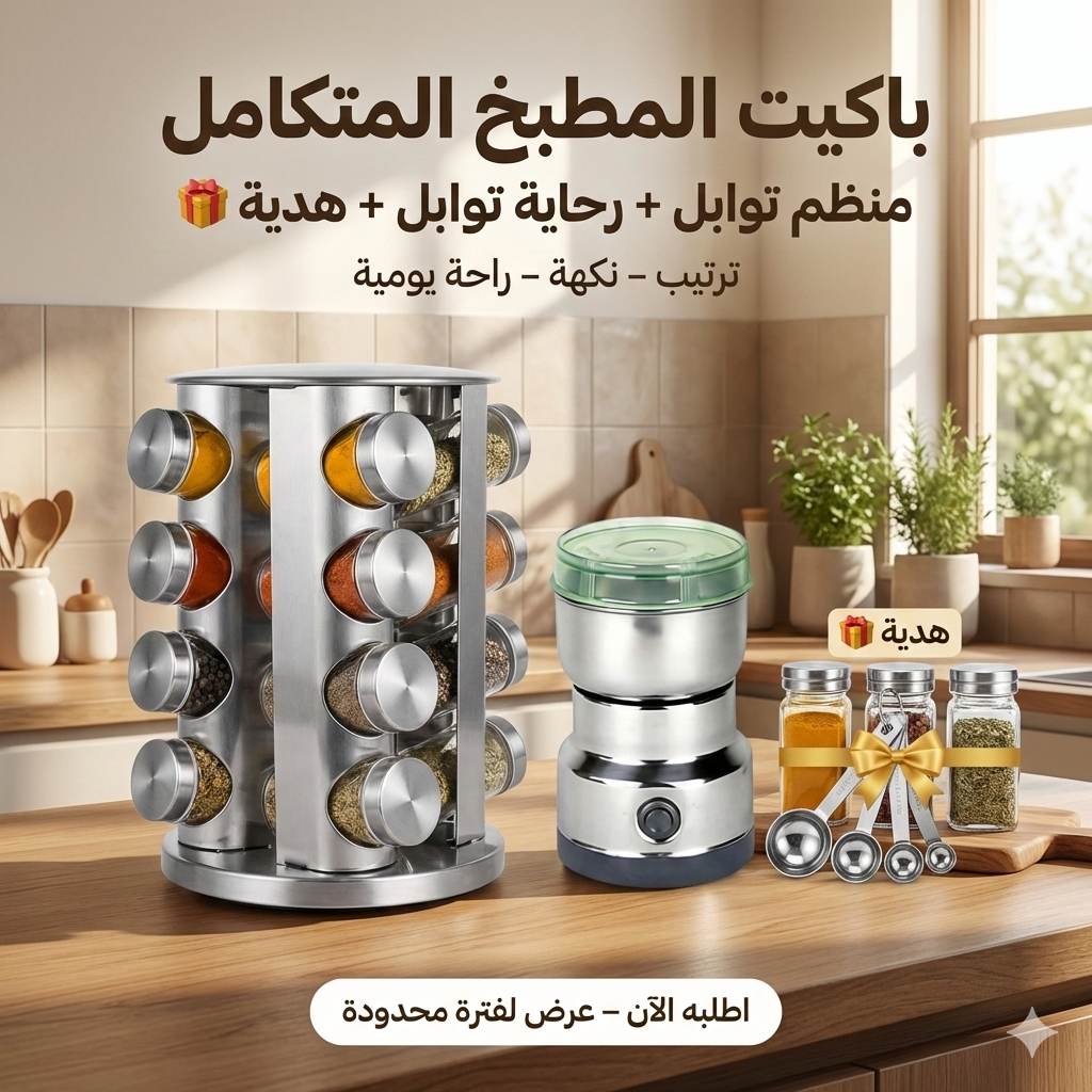 مجموعة المطبخ المتكامل – منظم توابل دوّار 16 عبوة + رحاية توابل كهربائية + هدية 🎁