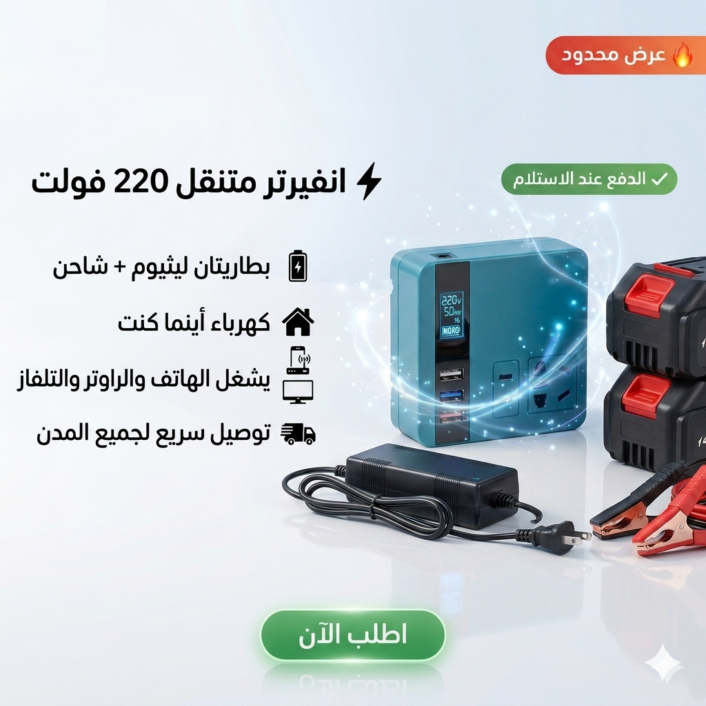 ⚡ محطة الطاقة الذكية 220 فولت | بطاريتان ليثيوم + شاحن